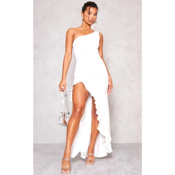 PrettyLittleThing White Maxi Ruffle High Slit Maxi XS NWOT Night Out Dancing - Picture 2 of 3